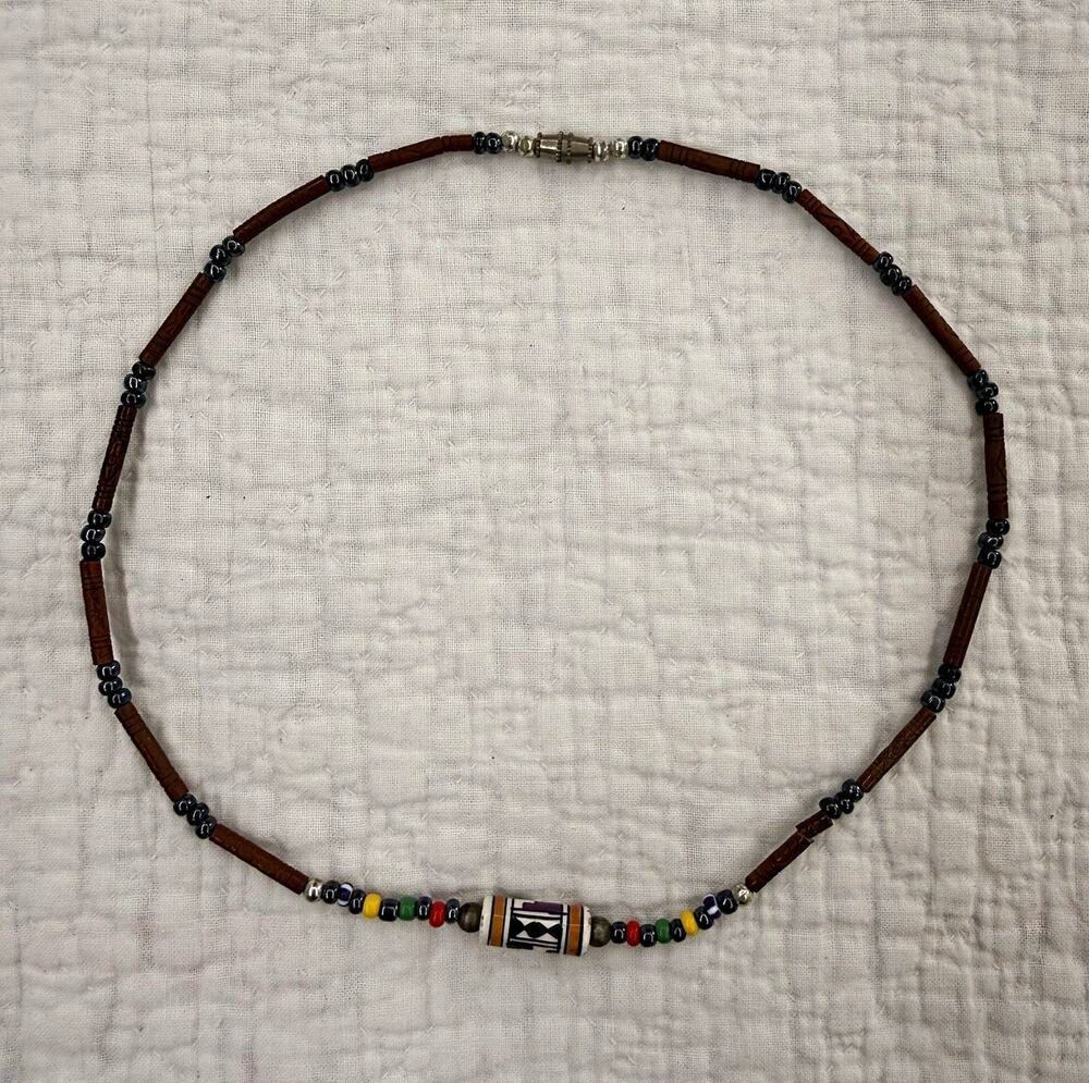 Brown & Multicolor Beaded Necklace 18 in Wood & Glass Beads Barrel Closure